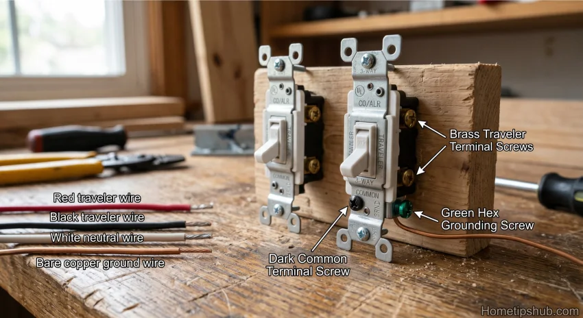 3 way switch wiring common terminal traveler wires and ground wire explained