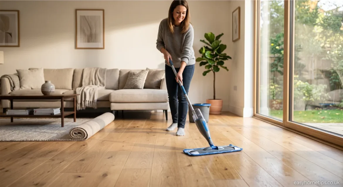 Homeowner using a microfiber mop for hardwood floor care on solid hardwood flooring