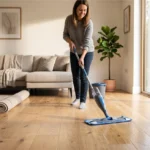 Homeowner using a microfiber mop for hardwood floor care on solid hardwood flooring