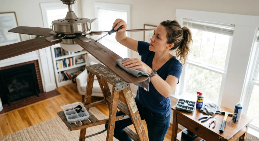 Step by step ceiling fan maintenance process with cleaning and inspection