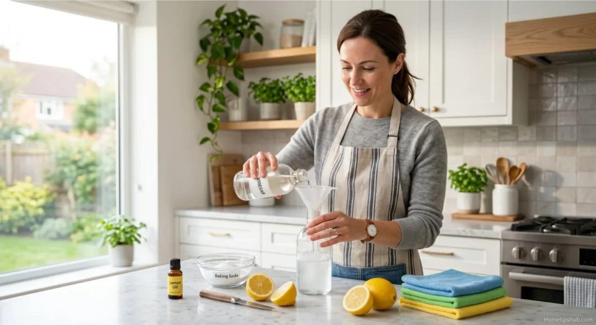 Homemade cleaning solutions made with vinegar baking soda and lemon in a modern kitchen