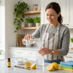 Homemade cleaning solutions made with vinegar baking soda and lemon in a modern kitchen
