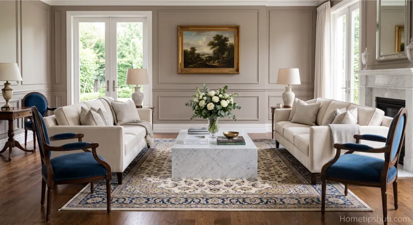 Formal living room furniture arrangement with symmetrical seating and marble coffee table