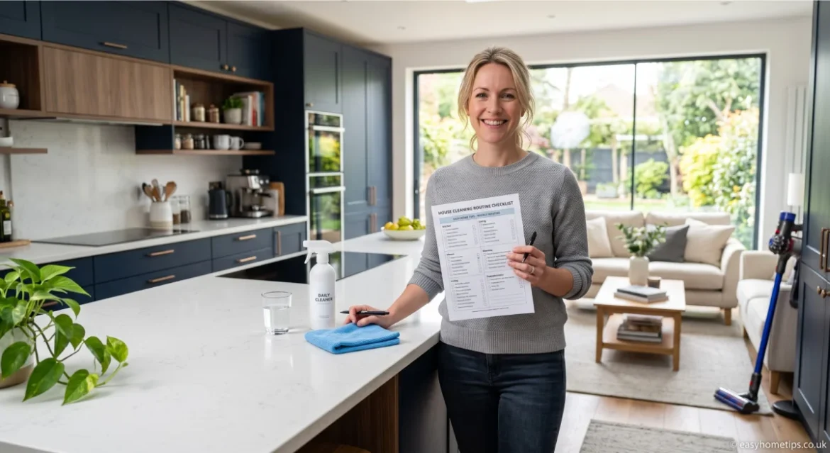Organized house cleaning routine checklist pinned to a bright white kitchen wall with cleaning supplies nearby