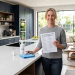 Organized house cleaning routine checklist pinned to a bright white kitchen wall with cleaning supplies nearby
