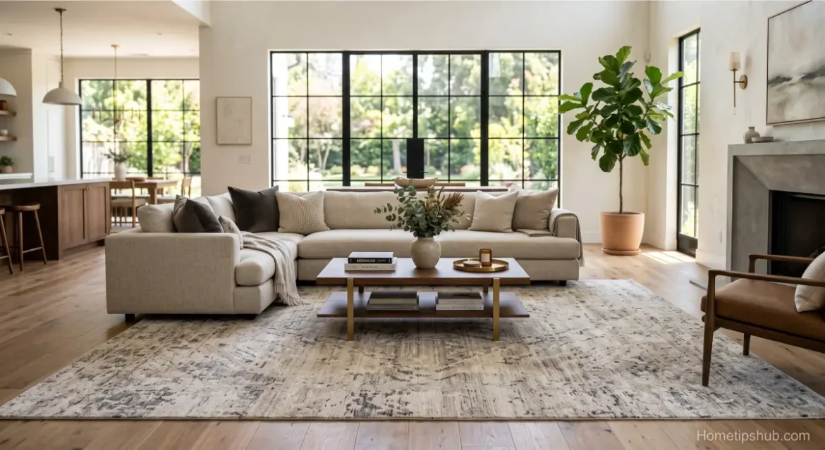 Living room rug ideas featuring a modern area rug that anchors a stylish living room.
