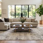 Living room rug ideas featuring a modern area rug that anchors a stylish living room.