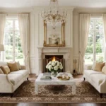 Formal living room ideas with luxurious symmetrical furniture, crystal chandelier, and elegant décor