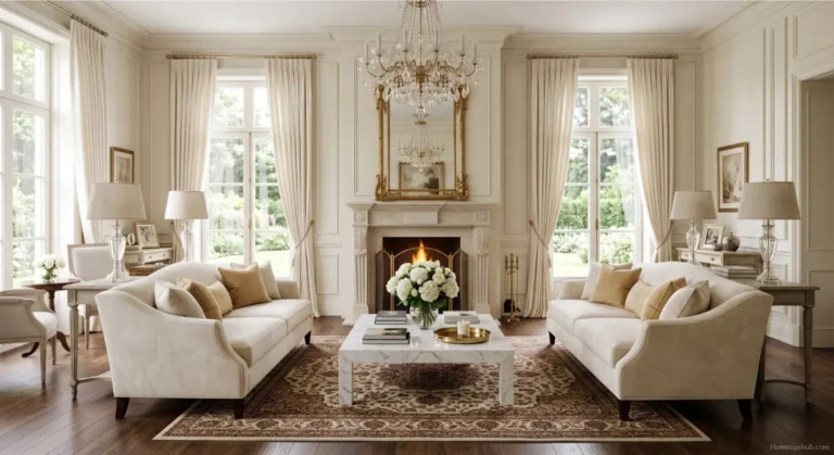 Formal Living Room Ideas: 17 Luxurious Ultimate Looks You’ll Love Formal living room ideas with luxurious symmetrical furniture, crystal chandelier, and elegant décor