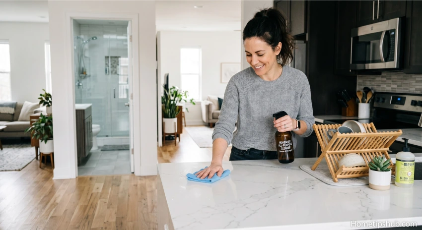 Using homemade cleaning solutions throughout the kitchen bathroom and living areas