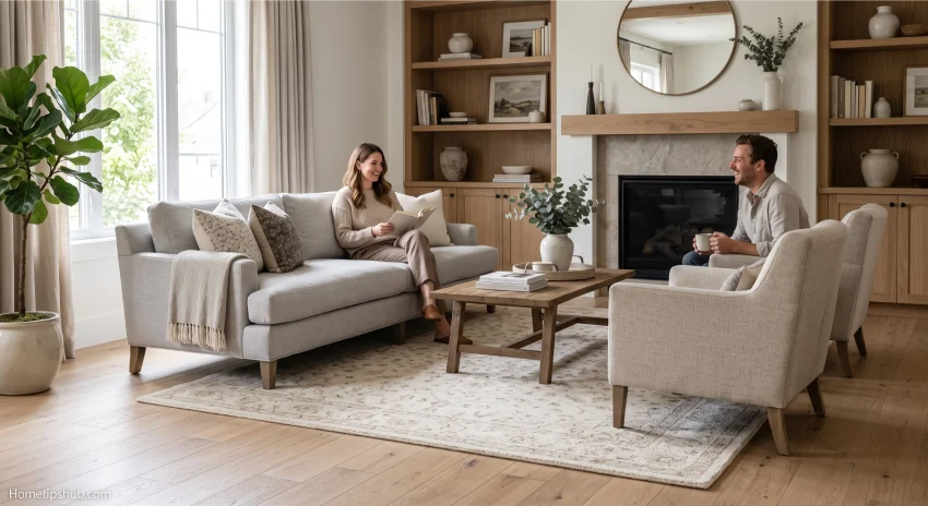 Living room rug placement ideas showing the correct furniture arrangement on an area rug.