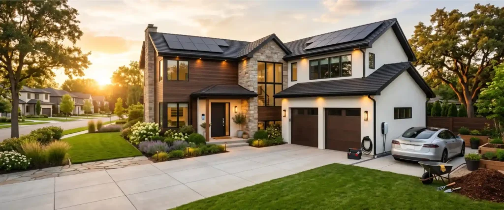 Family enjoying outdoor gardening in front of a modern energy-efficient home with landscaped garden and solar panels