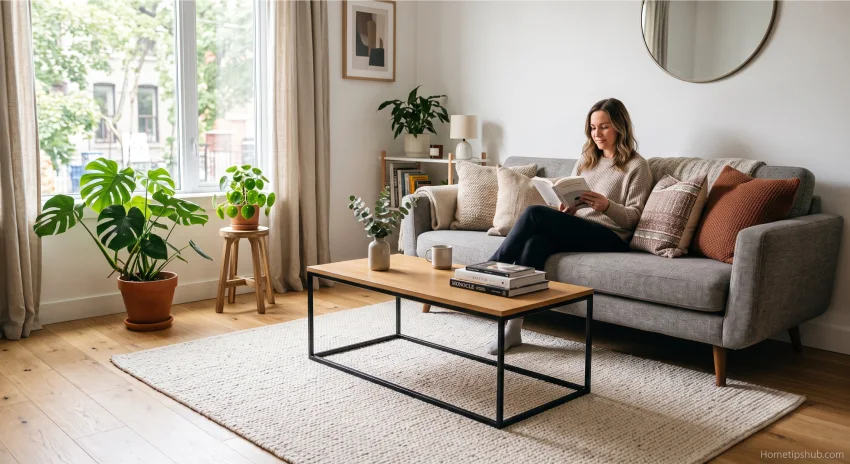 Small living room rug ideas using a properly sized area rug to make compact spaces feel larger.