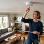 Homeowner performing smoke detector maintenance by testing a ceiling-mounted smoke alarm