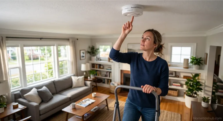 Homeowner performing smoke detector maintenance by testing a ceiling-mounted smoke alarm
