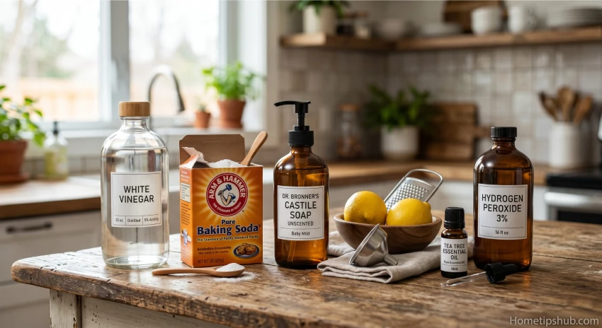 Essential ingredients for homemade cleaning solutions including vinegar baking soda and castile soap