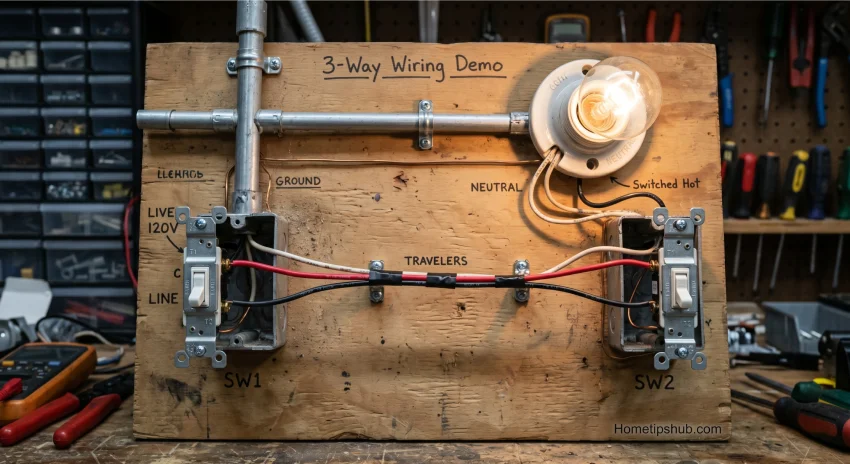 3 way switch circuit showing traveler wires and common terminals