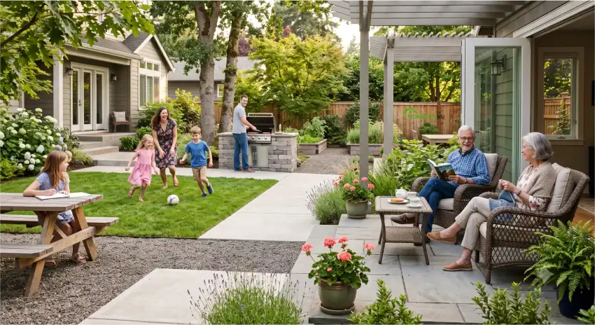 Accessible outdoor space designed for a multi generational home with private and shared family areas.