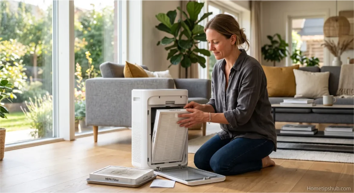 Air purifier maintenance by replacing a HEPA filter in a modern home