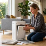 Air purifier maintenance by replacing a HEPA filter in a modern home