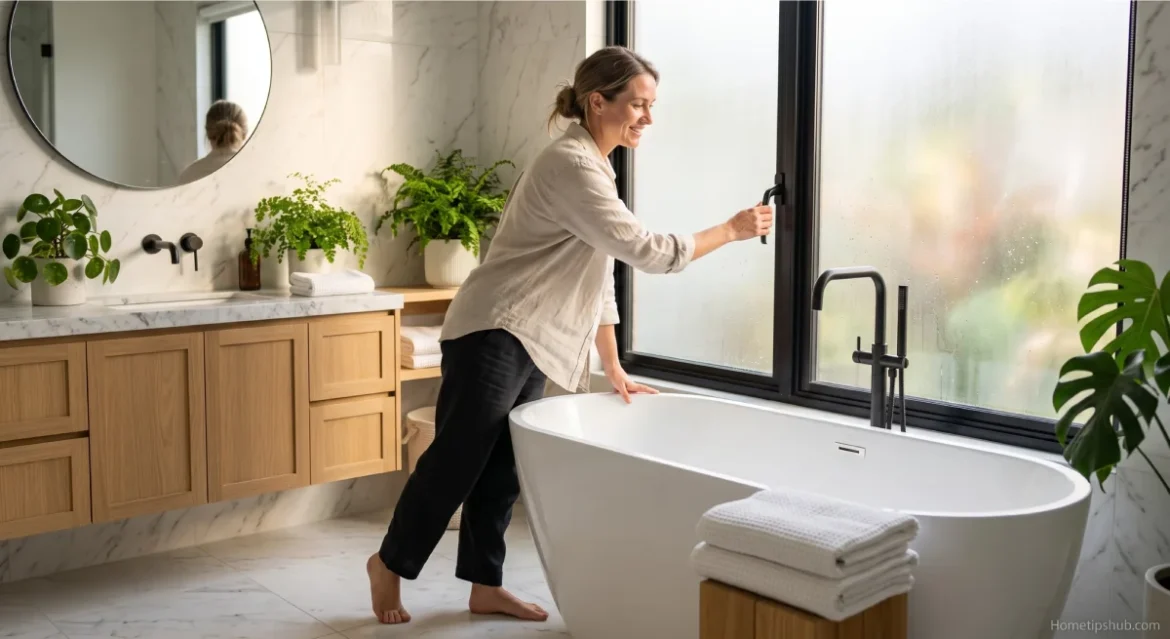 Modern Bathroom Window Ideas featuring a frosted glass window that provides privacy and natural daylight