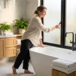Modern Bathroom Window Ideas featuring a frosted glass window that provides privacy and natural daylight