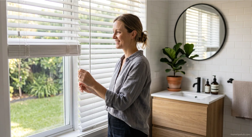 Moisture-resistant faux wood blinds for modern bathroom window treatment ideas.