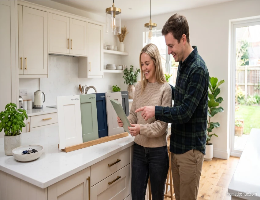 Kitchen cabinet color ideas featuring warm white, sage green and navy cabinets