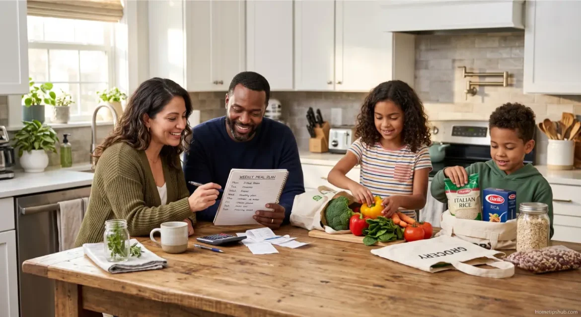 Budget Meal Planning: 27 Jaw-Dropping Crazy Tips You Need Family organizing a budget meal planning grocery list and weekly meal planner at the kitchen table