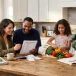 Family organizing a budget meal planning grocery list and weekly meal planner at the kitchen table