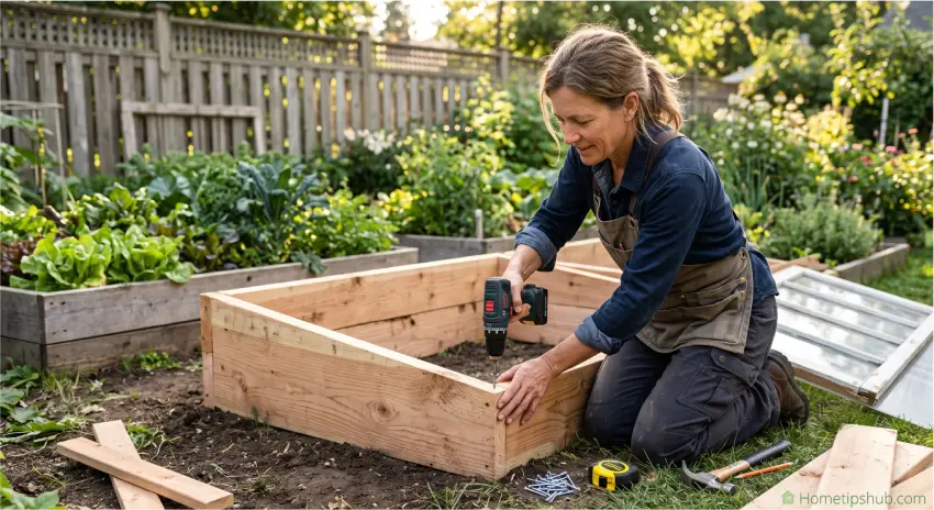 DIY cold frame gardening construction using cedar wood and a recycled window.