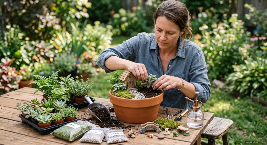 Step by step fairy garden tutorial using miniature plants moss and decorative accessories