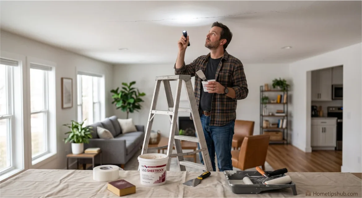 Ceiling Crack Repair: 12 Jaw-Dropping Ultimate Ideas Revealed Ceiling Crack Repair homeowner inspecting drywall ceiling crack before repair