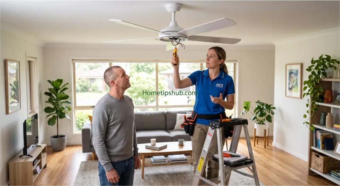 Ceiling fan repair guide showing an electrician inspecting a modern ceiling fan