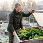 Cold frame gardening with a gardener opening a wooden cold frame full of healthy winter vegetables.