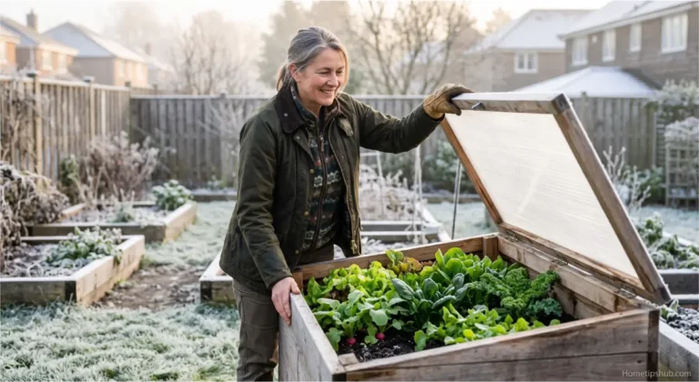 Cold Frame Gardening: 13 Shocking Powerful Tips You Need Now Cold frame gardening with a gardener opening a wooden cold frame full of healthy winter vegetables.