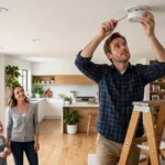 Smoke detector placement on a ceiling inside a modern family home