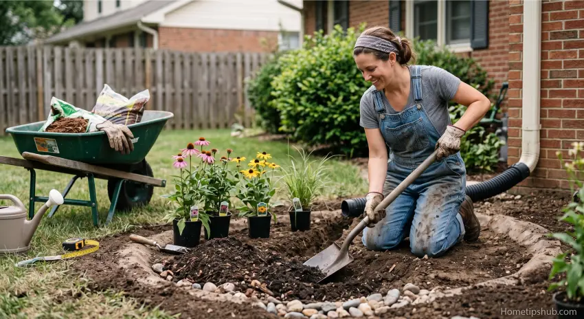 DIY rain garden design with homeowner planting native plants for better drainage