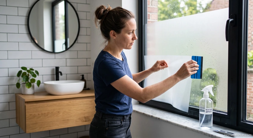 Installing frosted privacy film as one of the best bathroom privacy window ideas.