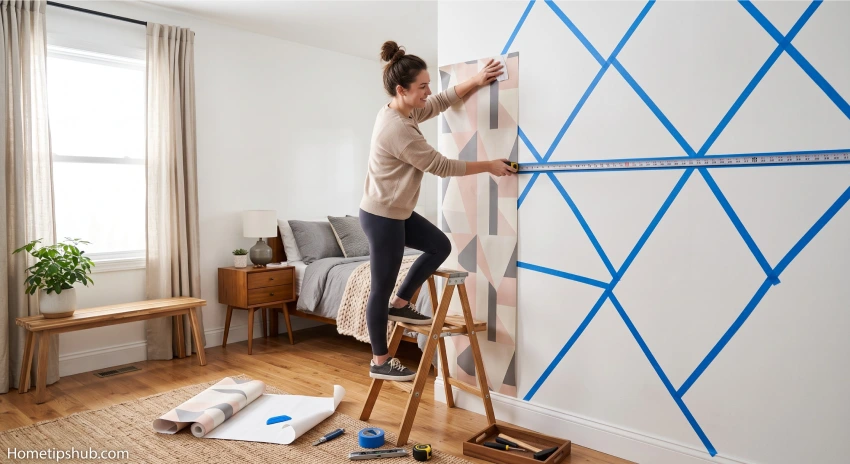 DIY Bedroom Accent Wall Ideas using peel-and-stick wallpaper.