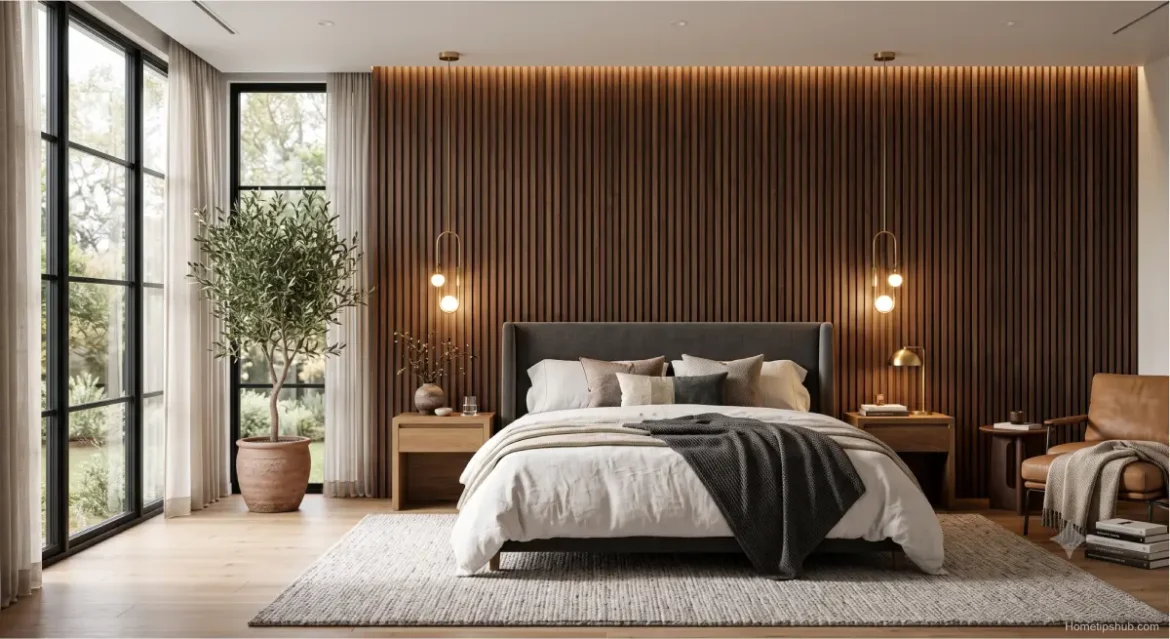 Bedroom Accent Wall Ideas: 27 Shocking Ultimate Trends Revealed Bedroom Accent Wall Ideas featuring a modern luxury wood slat accent wall behind the bed.