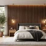 Bedroom Accent Wall Ideas featuring a modern luxury wood slat accent wall behind the bed.