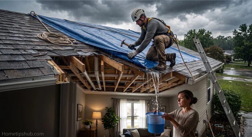 Emergency roof leak repair with temporary roof tarp installation