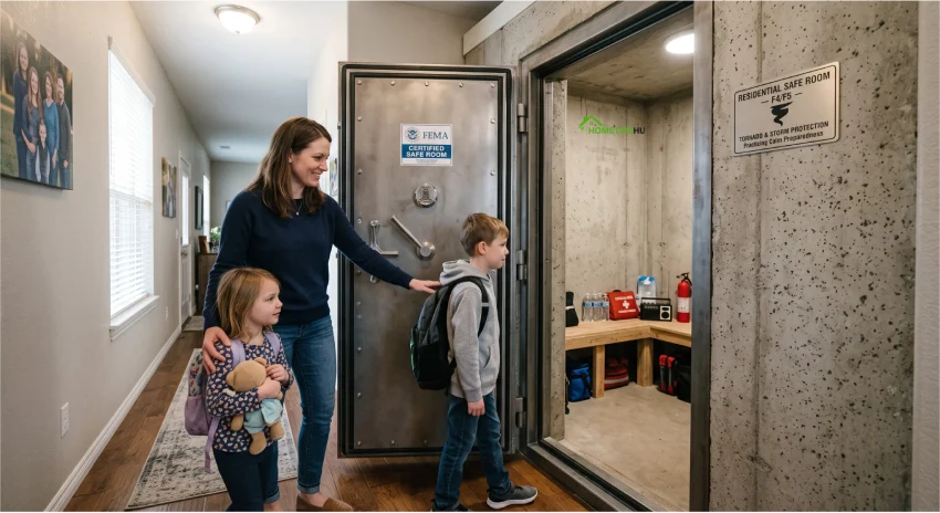 Parent guiding children into a FEMA-compliant above-ground safe room inside a tornado resistant home