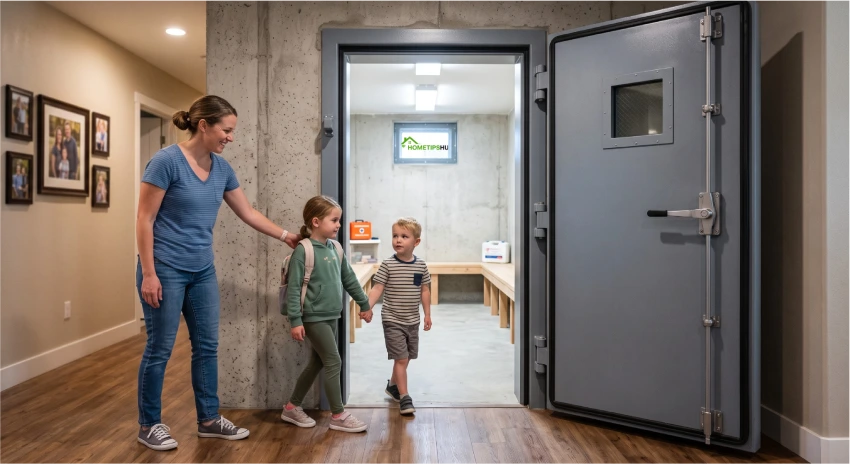 Parent guiding children into a FEMA-compliant above-ground safe room inside a tornado resistant home