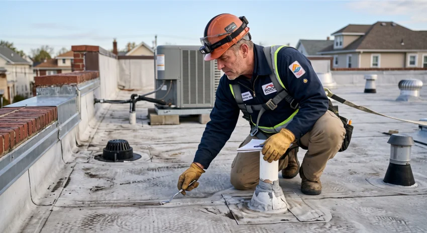 Professional flat roof inspection checking seams flashing and membrane damage