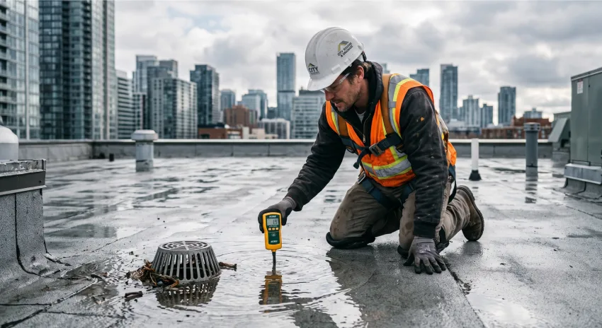 Flat roof ponding water repair improving drainage and preventing leaks