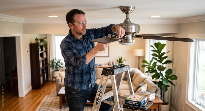 Balancing a wobbling ceiling fan using a blade balancing kit