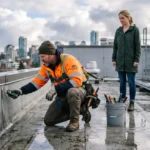 Roofing contractor performing flat roof repair on EPDM membrane with sealant