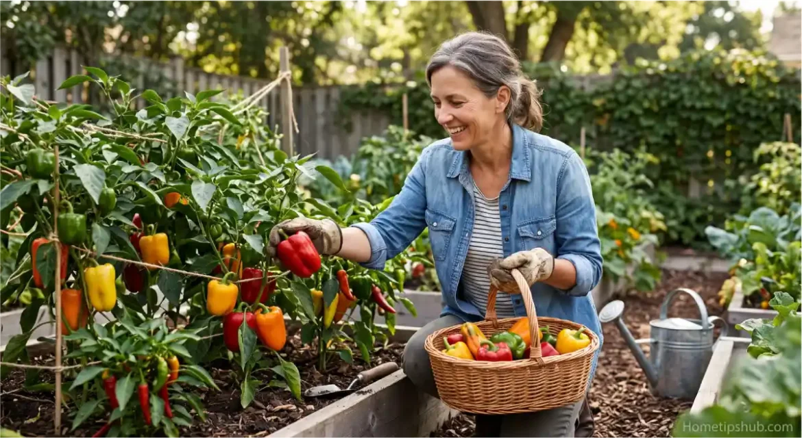 Pepper Plant Care guide showing healthy pepper plants producing abundant colorful peppers
